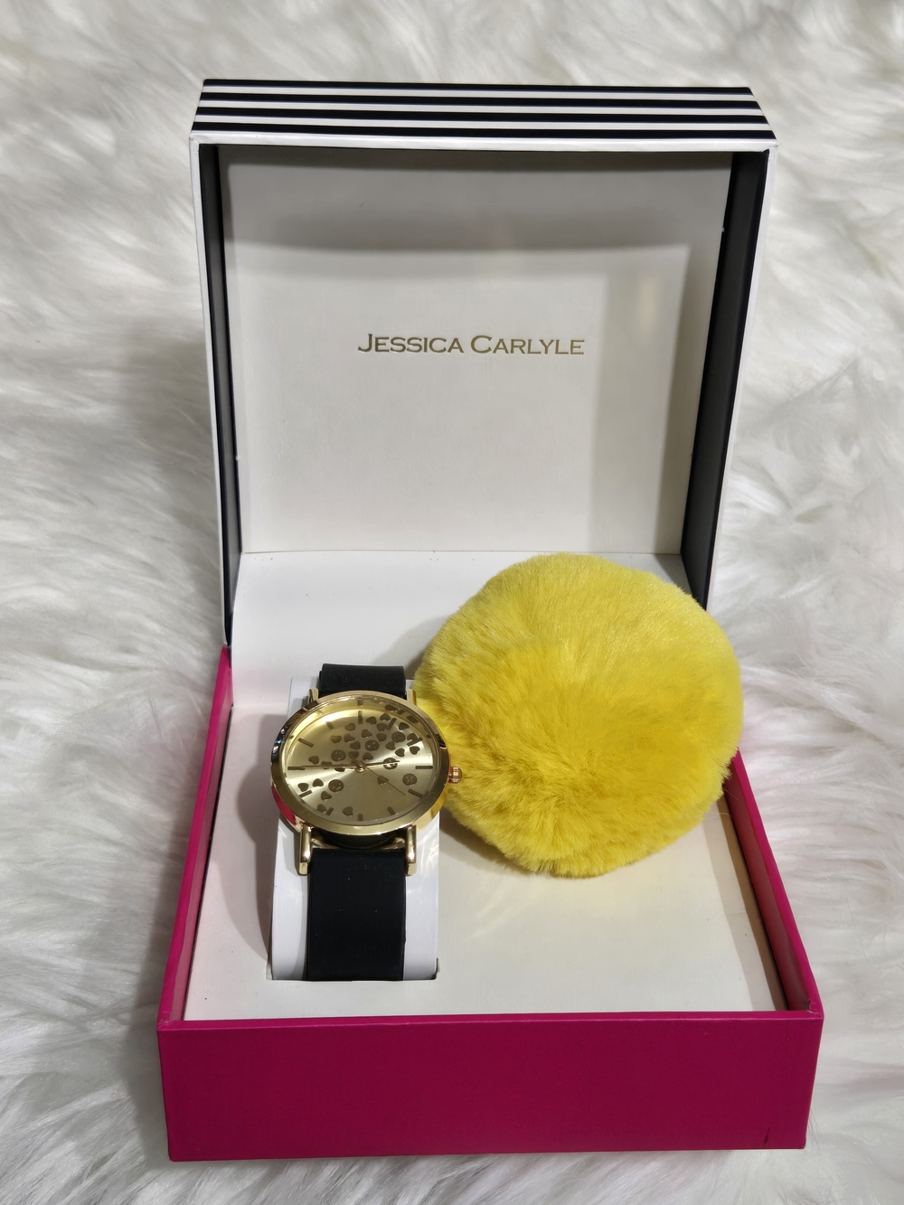 Women's Gold Dial Watch with Black Band and Yellow Pom
